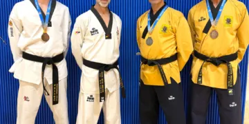 Da sinistra: Orsini Lorenzo 3° classificato cat. senior cintura nera -80kg - combattimento, Maestro Betti Roberto, Maurizio Sanchi 2° classificato cat. Master3 - poomsae e Marcello Bernardi 3° classificato cat. Master3 - poomsae