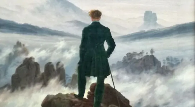 Il Viandante sul mare di nebbia (in tedesco Der Wanderer über dem Nebelmeer) di o Caspar David Friedrich,  Kunsthalle di Amburgo.